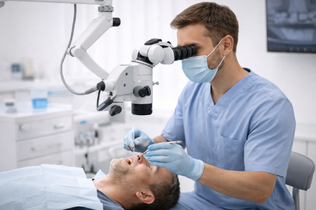 Стоматологическое кресло, врач проводит лечение корневых каналов под микроскопом