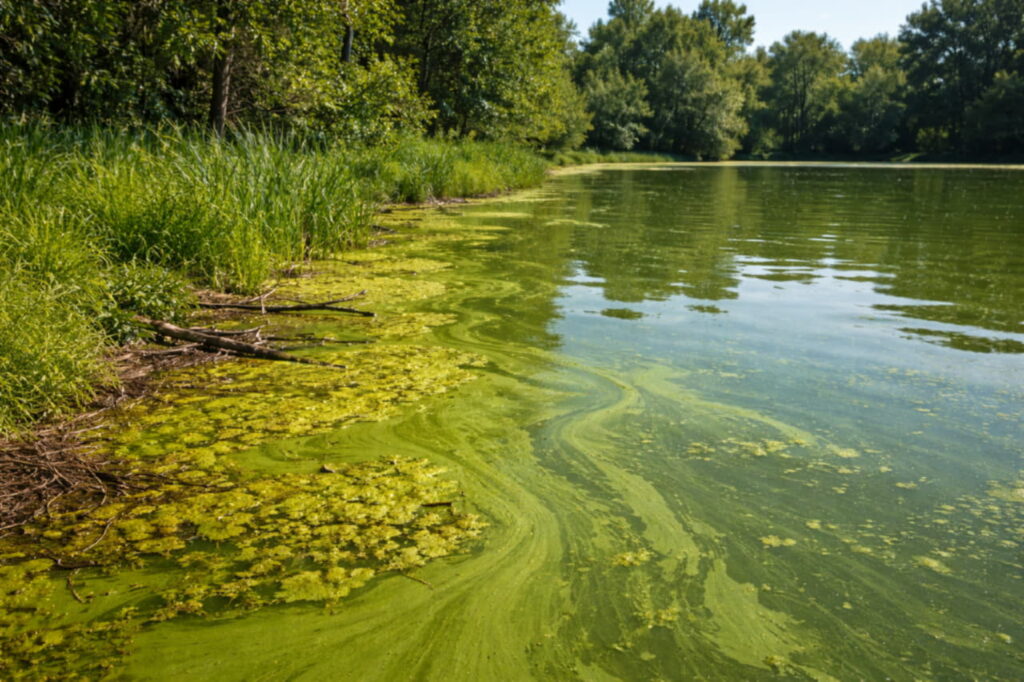 Стоячий водоём с зелёной цветущей водой, пруд с тиной у берега