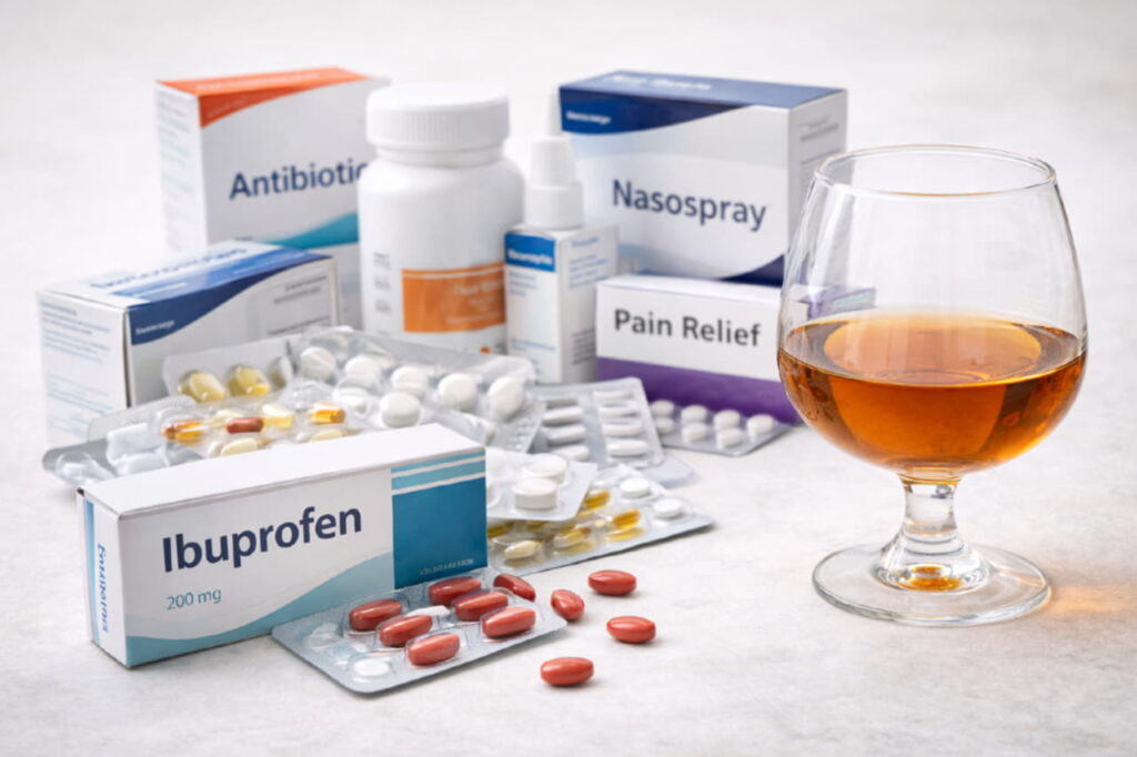 Таблетки ибупрофена рядом с упаковками разных лекарств и бокалом алкоголя