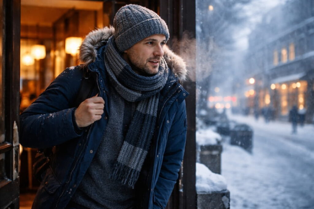 Человек зимой выходит из тёплого помещения на мороз