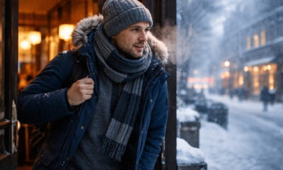 Человек зимой выходит из тёплого помещения на мороз