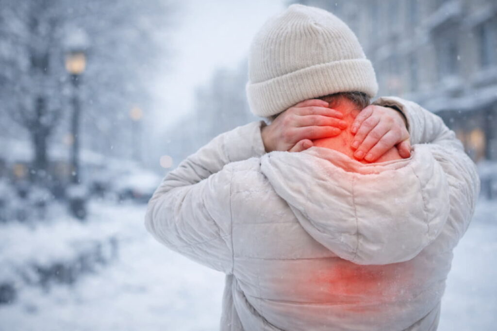 Человек на холодной зимней улице держится за шею и поясницу