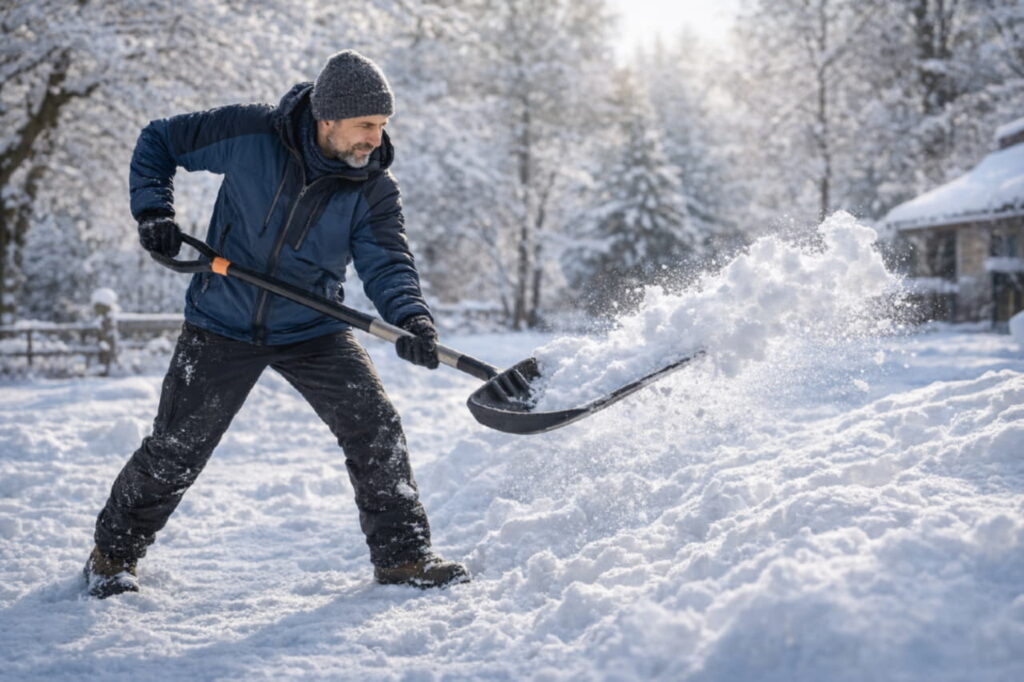 Человек убирает снег лопатой в зимний день