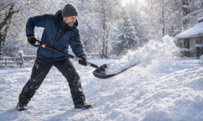 Человек убирает снег лопатой в зимний день
