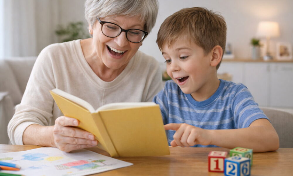 Бабушка и внук вместе читают книгу за столом