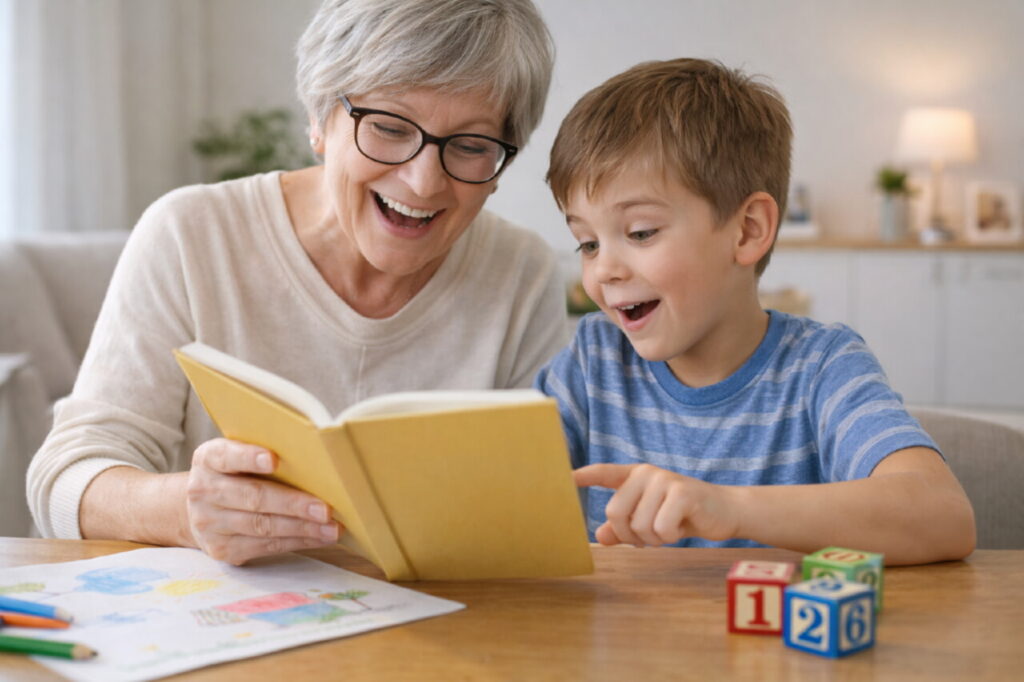 Бабушка и внук вместе читают книгу за столом