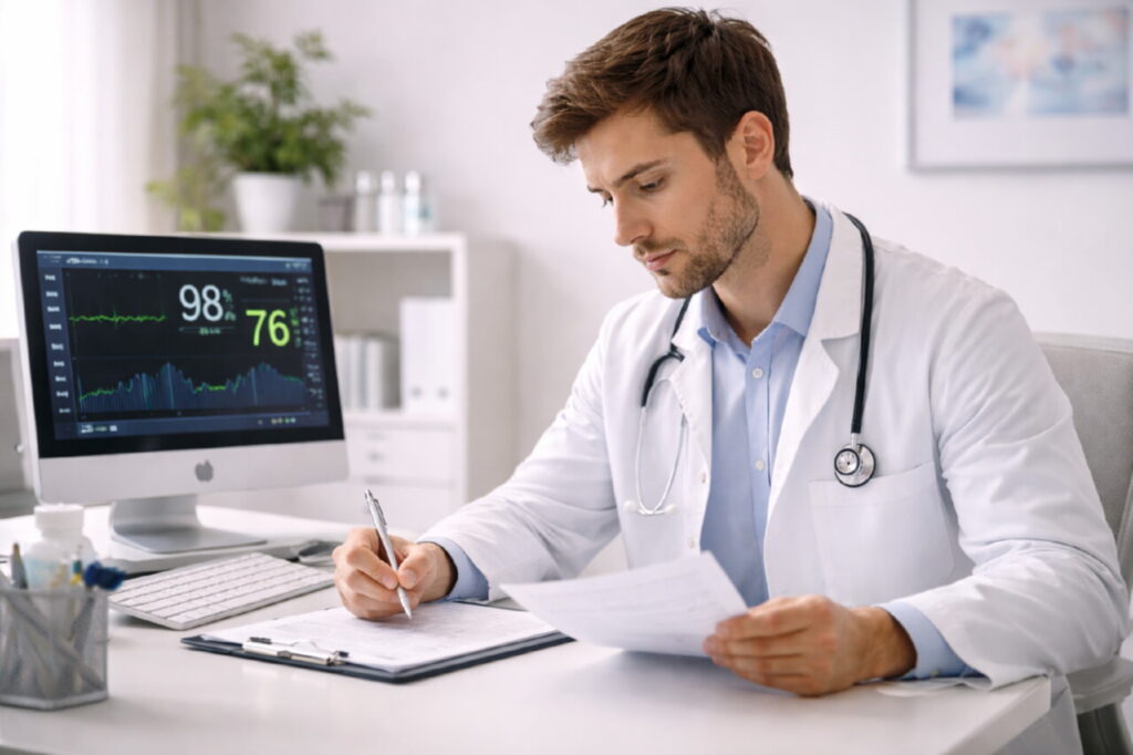 Врач-терапевт в клиническом кабинете анализирует медицинские данные пациента, монитор сатурации кислорода