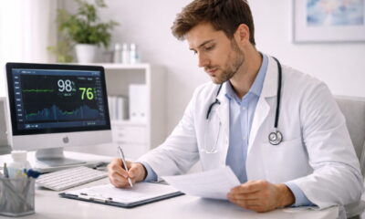 Врач-терапевт в клиническом кабинете анализирует медицинские данные пациента, монитор сатурации кислорода