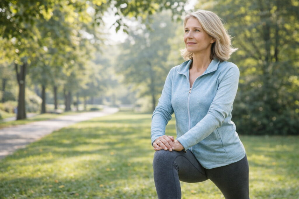 Женщина 50+ занимается лёгкой физической активностью на свежем воздухе