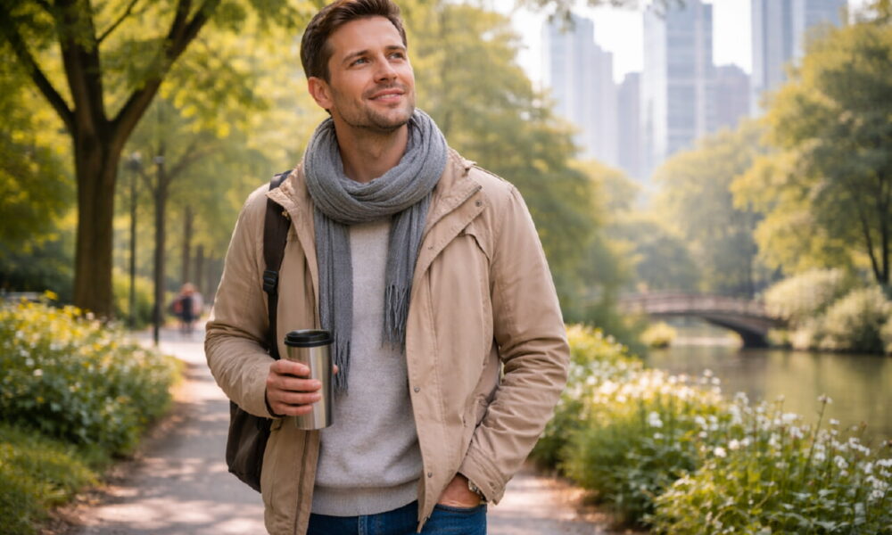 Житель большого города на утренней прогулке в парке