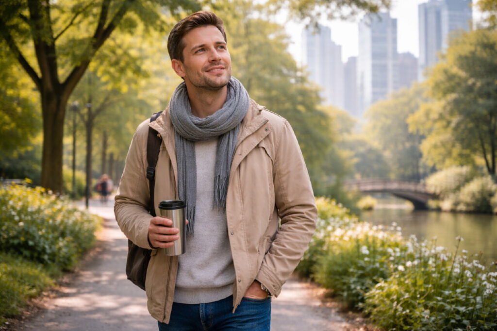 Житель большого города на утренней прогулке в парке