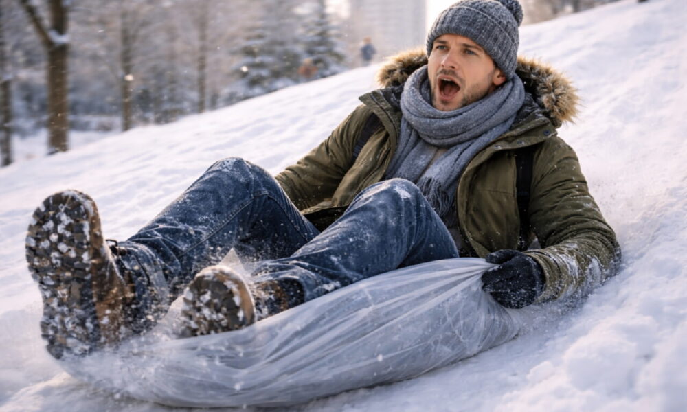 Зимняя горка в городе, человек скатывается на полиэтиленовом пакете, ощущение неконтролируемой скорости и риска
