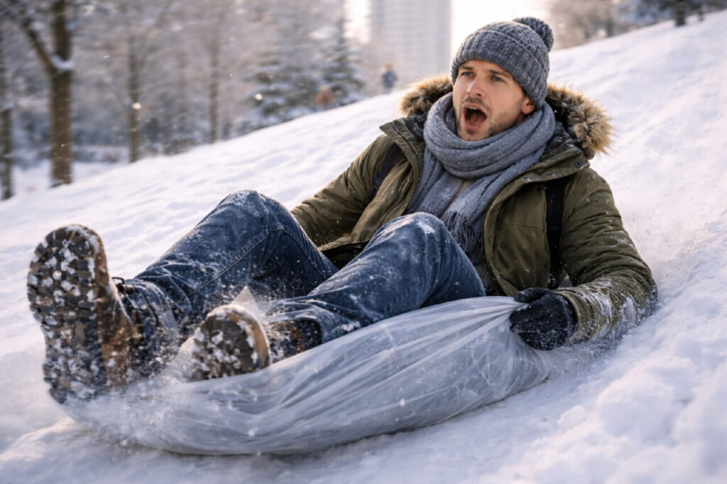 Зимняя горка в городе, человек скатывается на полиэтиленовом пакете, ощущение неконтролируемой скорости и риска