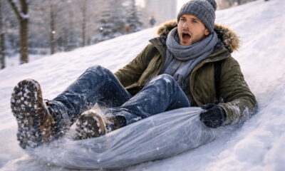 Зимняя горка в городе, человек скатывается на полиэтиленовом пакете, ощущение неконтролируемой скорости и риска