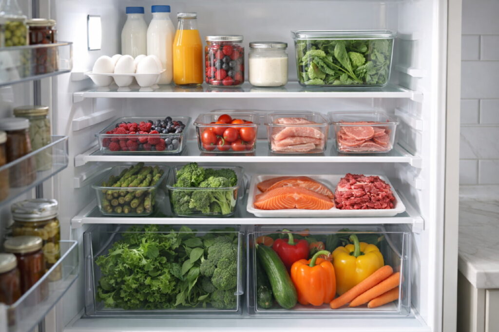Открытый холодильник с аккуратно разложенными продуктами по полкам, овощи в ящиках, мясо и рыба на нижней полке