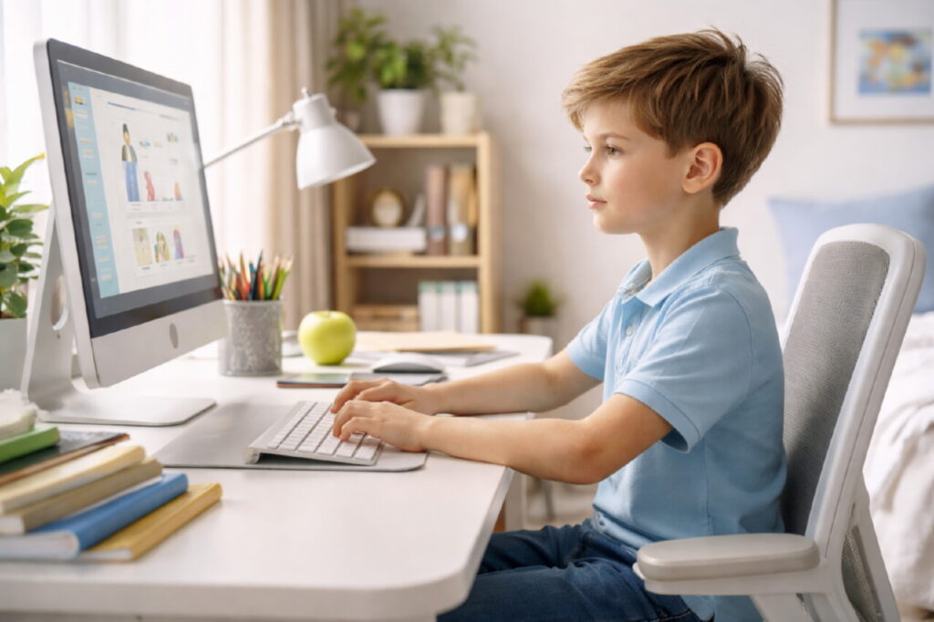 Ребёнок школьного возраста за компьютером за правильно организованным рабочим столом