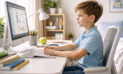 Ребёнок школьного возраста за компьютером за правильно организованным рабочим столом