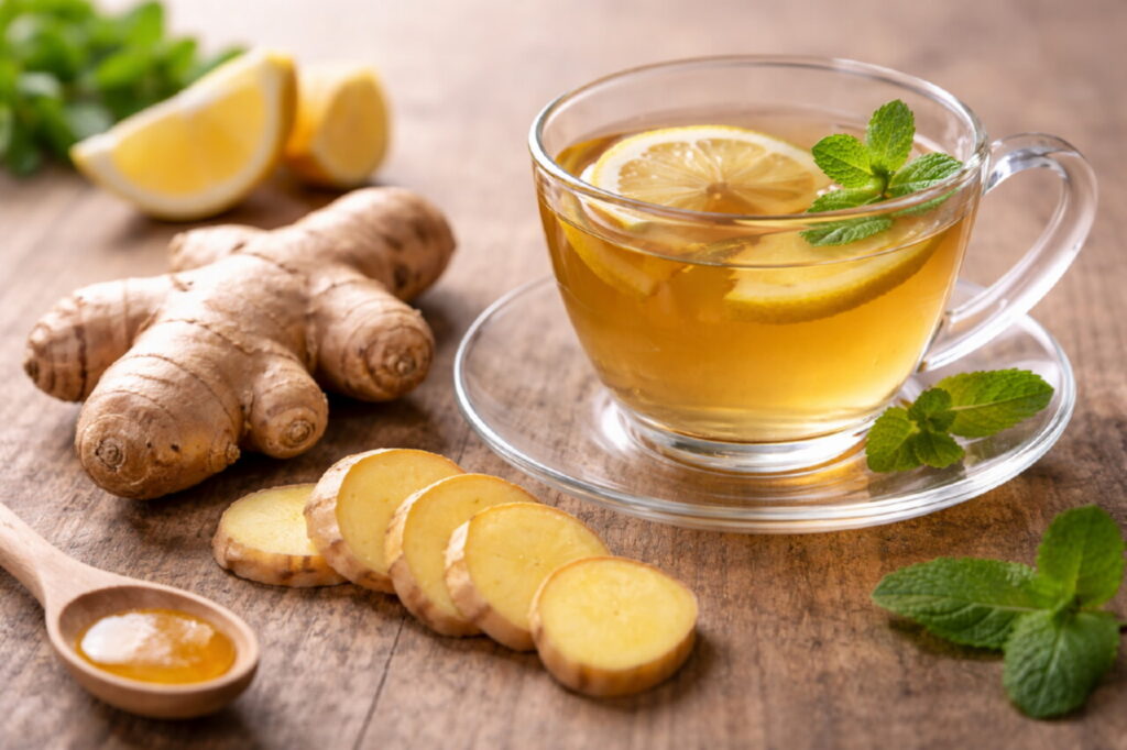 Свежий корень имбиря, нарезанный ломтиками