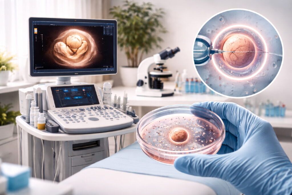 Современный медицинский кабинет репродуктолога, ультразвуковой монитор с изображением эмбриона ЭКО