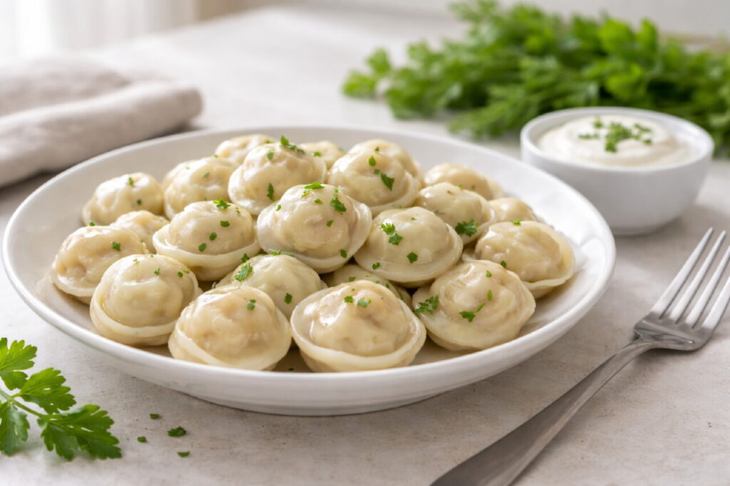 Тарелка с варёными пельменями