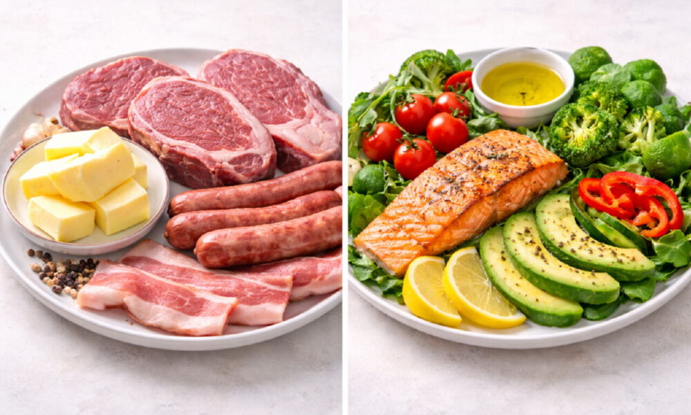 Тарелка с красным мясом и сливочным маслом с одной стороны и тарелка с рыбой, овощами и зеленью с другой