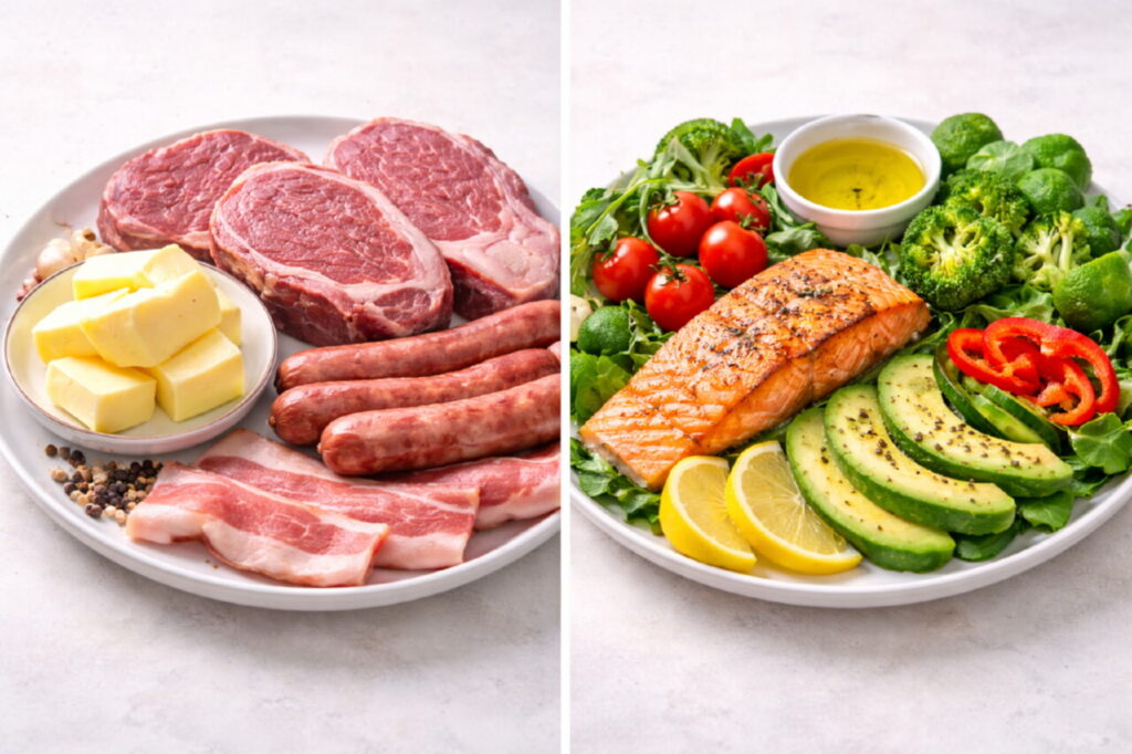 Тарелка с красным мясом и сливочным маслом с одной стороны и тарелка с рыбой, овощами и зеленью с другой