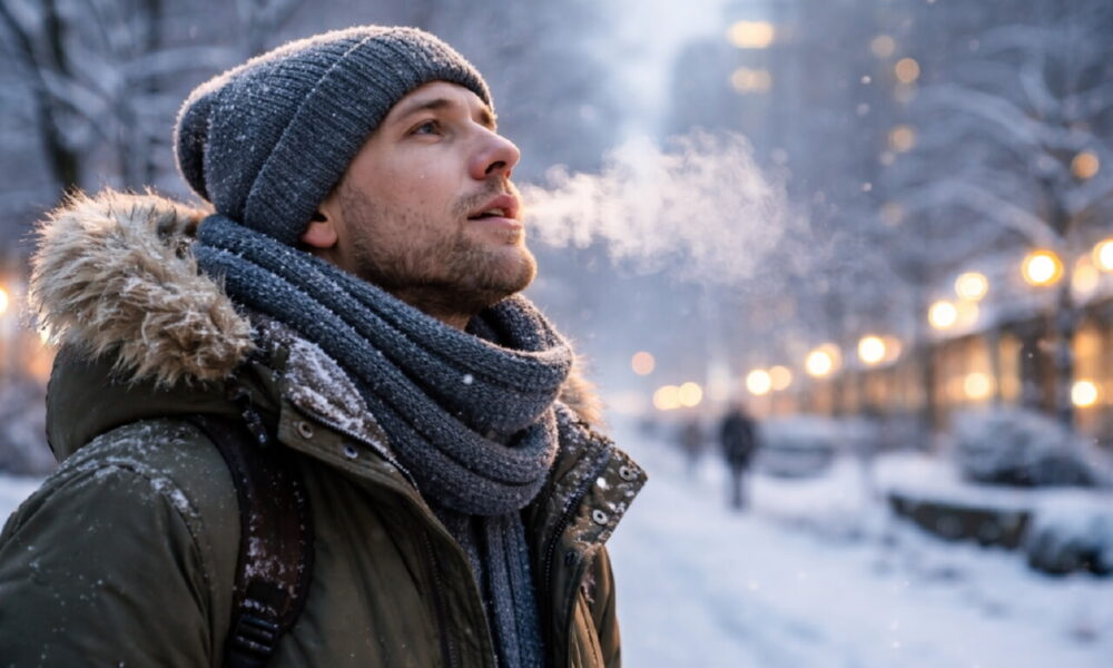 Человек в тёплой одежде выдыхает дым на морозном воздухе