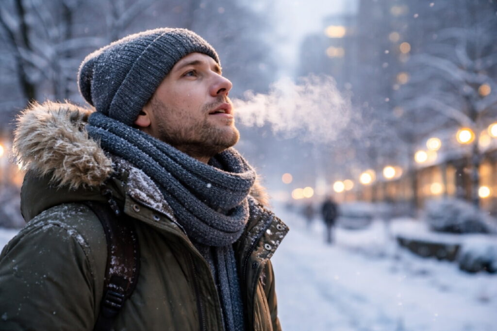 Человек в тёплой одежде выдыхает дым на морозном воздухе