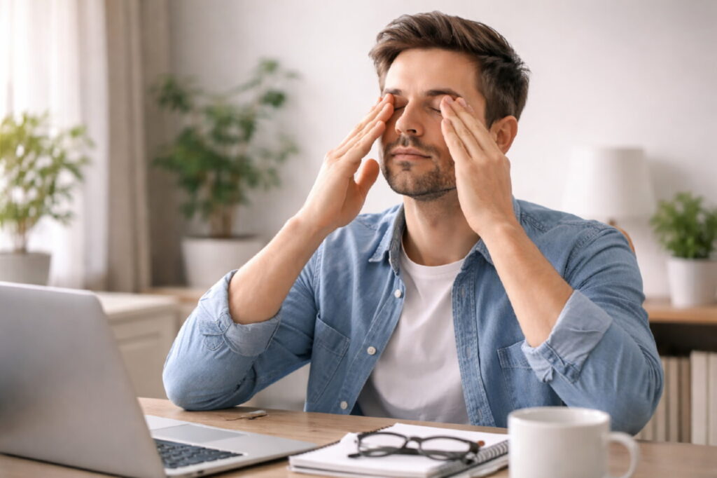 Человек делает упражнения для глаз за рабочим столом с компьютеромЧеловек делает упражнения для глаз за рабочим столом с компьютером