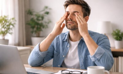 Человек делает упражнения для глаз за рабочим столом с компьютеромЧеловек делает упражнения для глаз за рабочим столом с компьютером