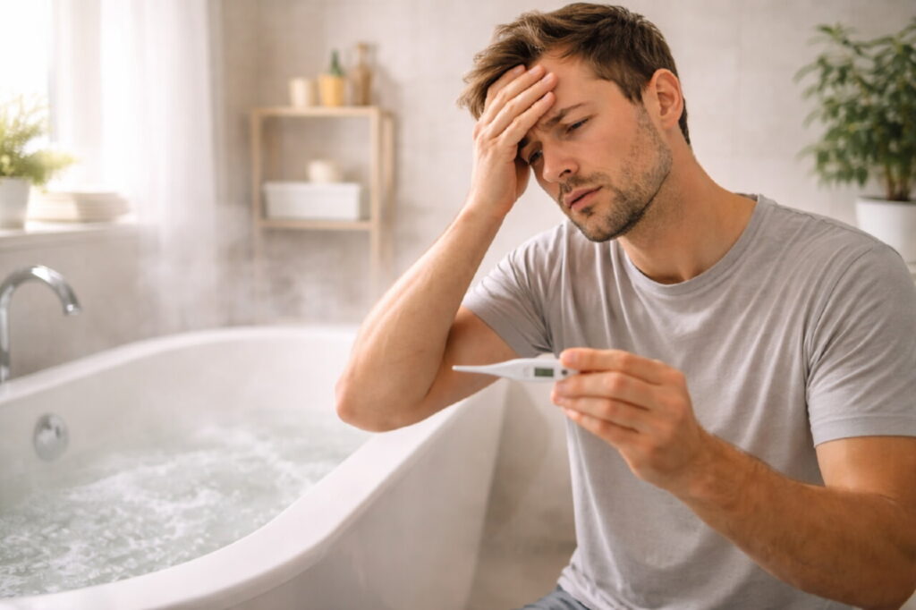 Человек с термометром в руке рядом с ванной