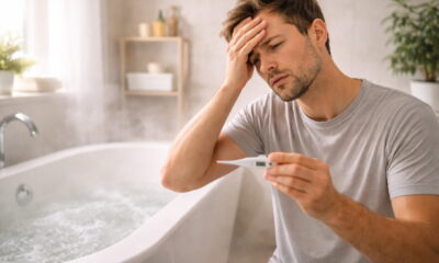 Человек с термометром в руке рядом с ванной