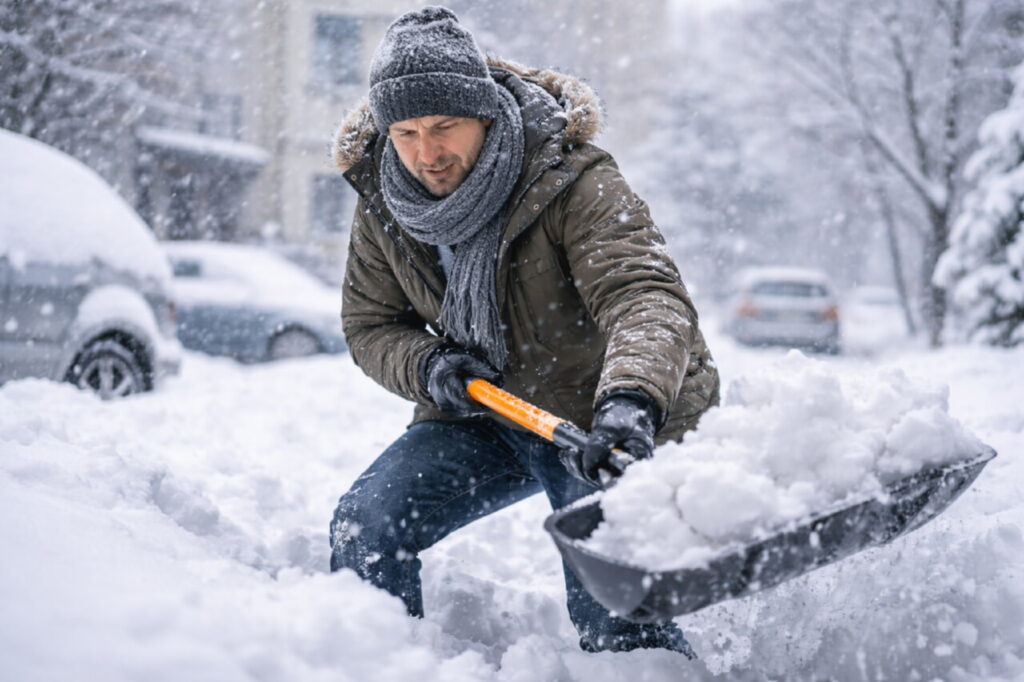 Человек среднего возраста убирает снег лопатой во время сильного снегопада