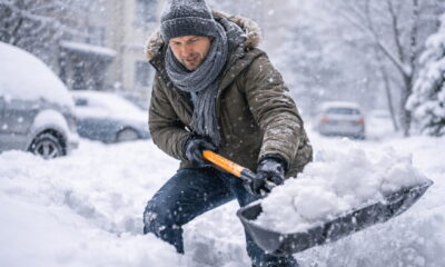Человек среднего возраста убирает снег лопатой во время сильного снегопада