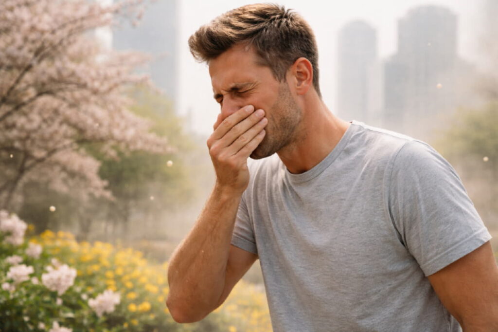 Человек в городе среди цветущих деревьев и загрязнённого воздуха
