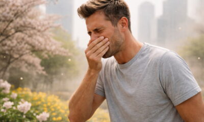 Человек в городе среди цветущих деревьев и загрязнённого воздуха