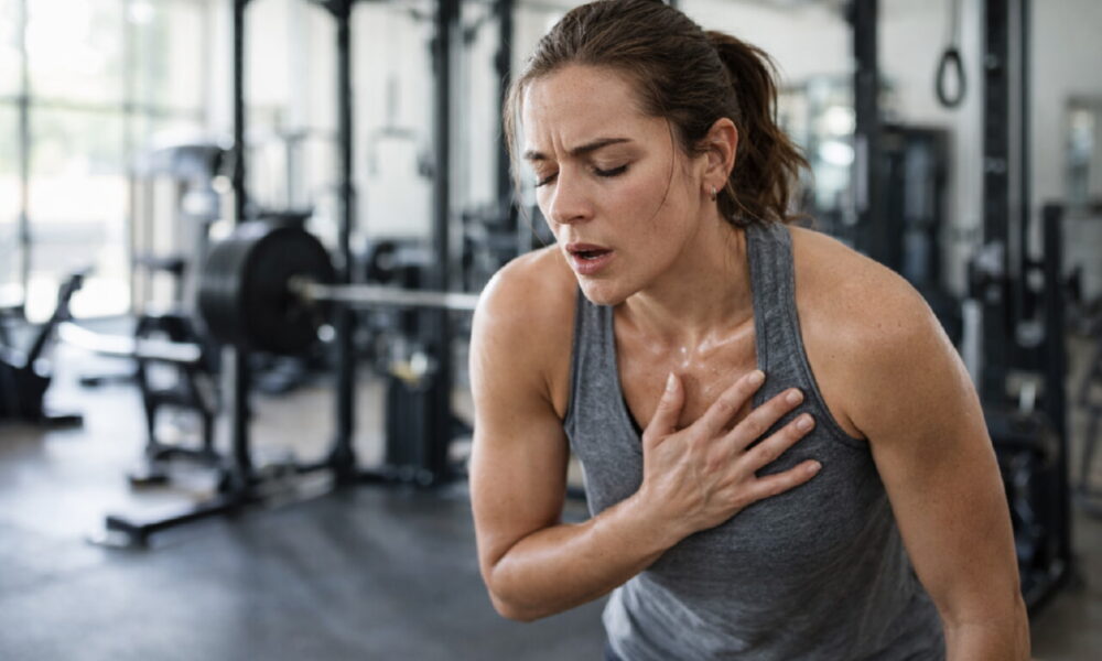 Женщина во время интенсивной тренировки в спортзале
