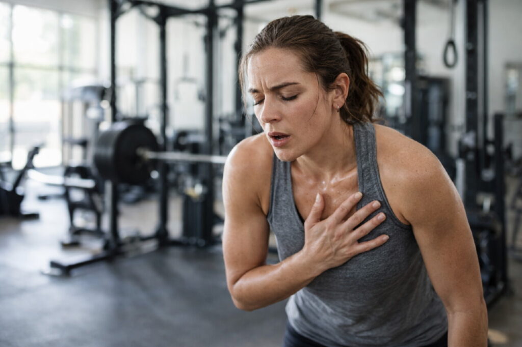 Женщина во время интенсивной тренировки в спортзале