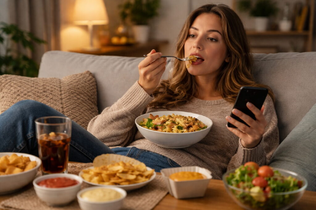 Женщина ест перед телевизором с тарелкой и смартфоном в руках