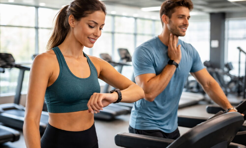 Мужчина и женщина тренируются в современном фитнес-зале