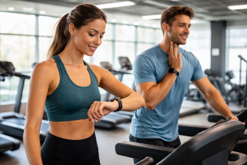 Мужчина и женщина тренируются в современном фитнес-зале