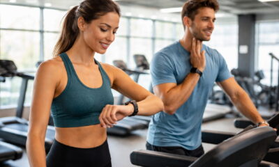 Мужчина и женщина тренируются в современном фитнес-зале