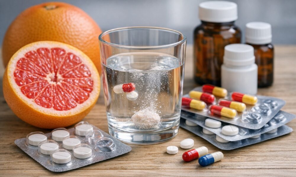 Половинка свежего грейпфрута рядом с таблетками и блистерами на столе