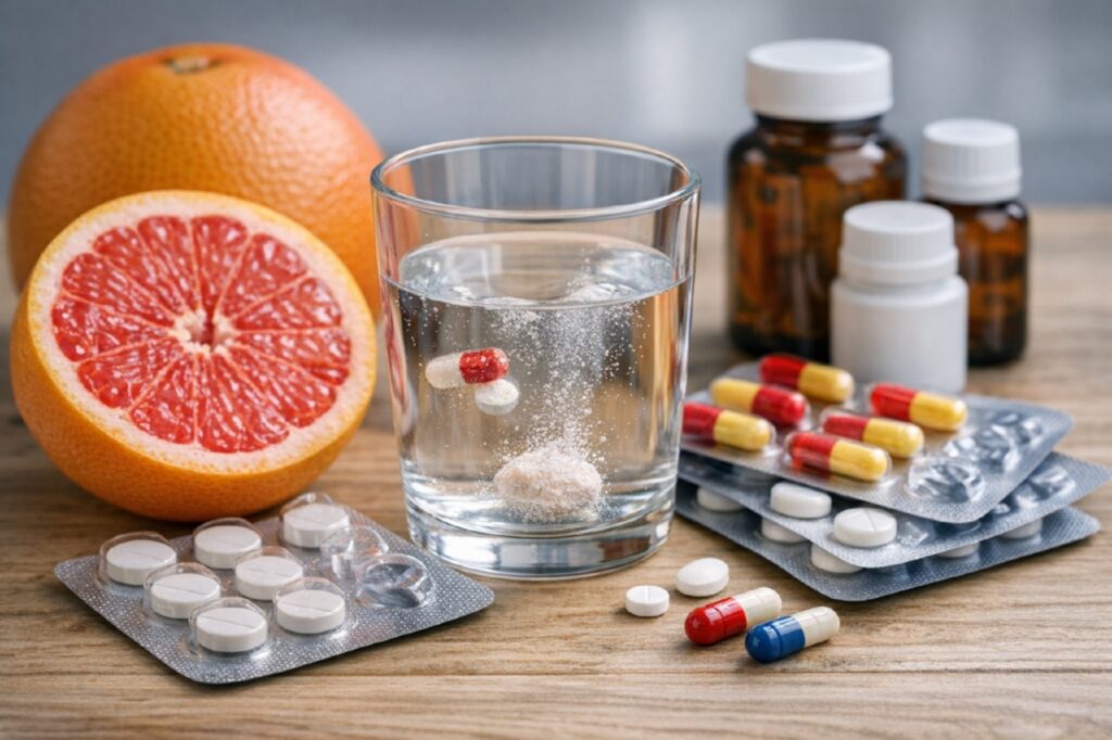 Половинка свежего грейпфрута рядом с таблетками и блистерами на столе
