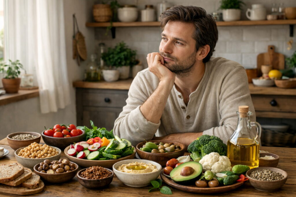Постный стол с овощами, орехами, хлебом и растительным маслом