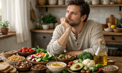 Постный стол с овощами, орехами, хлебом и растительным маслом