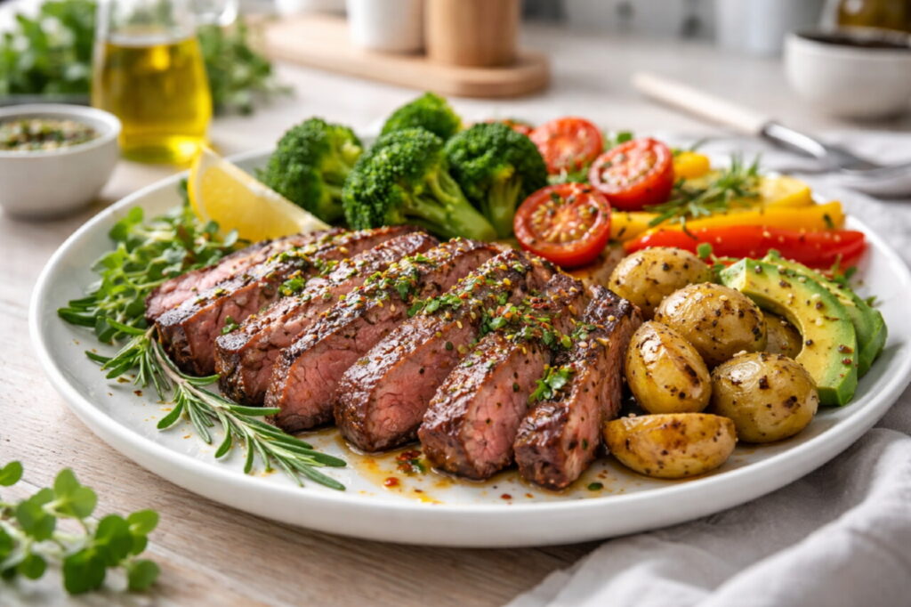 Сочное приготовленное красное мясо на тарелке с овощами и зеленью