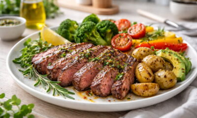 Сочное приготовленное красное мясо на тарелке с овощами и зеленью