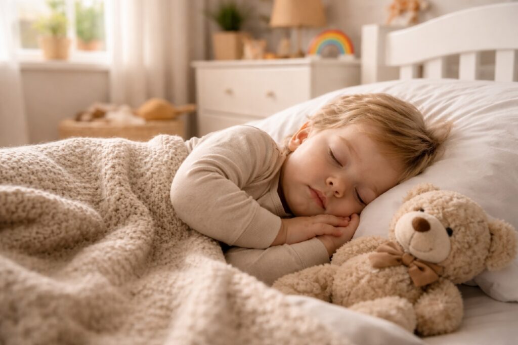 Уютная детская комната в дневное время, маленький ребенок спокойно спит в кровати после обеда