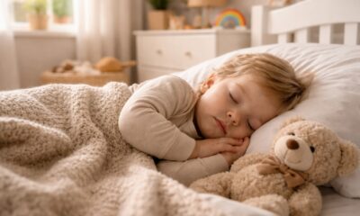 Уютная детская комната в дневное время, маленький ребенок спокойно спит в кровати после обеда